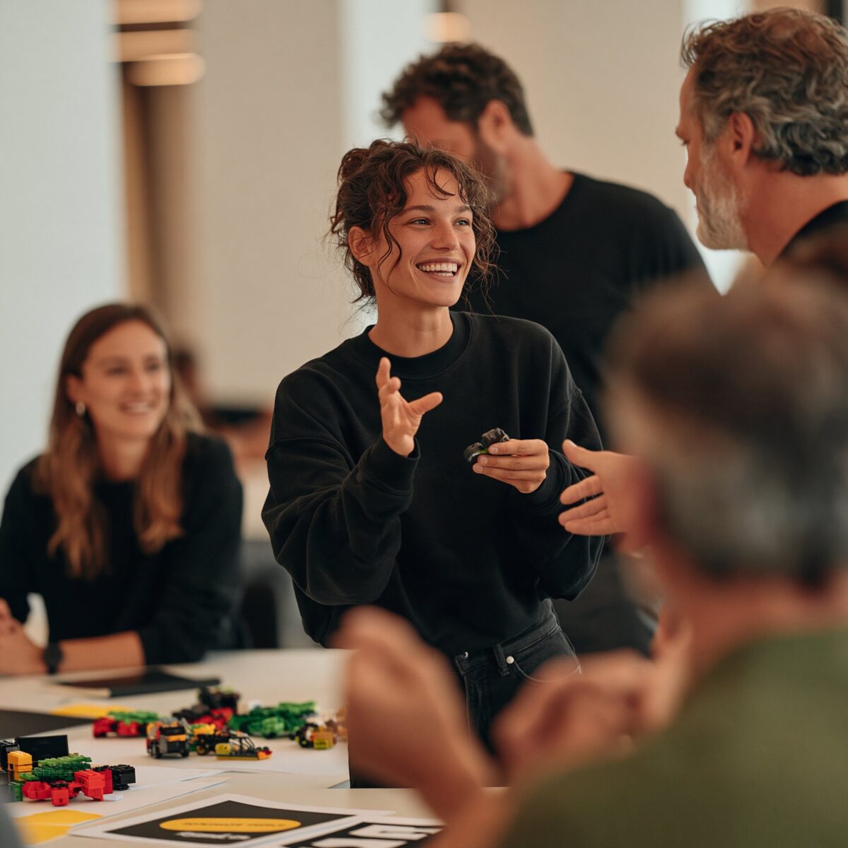 Team listening attentively to a colleague holding a small talking piece