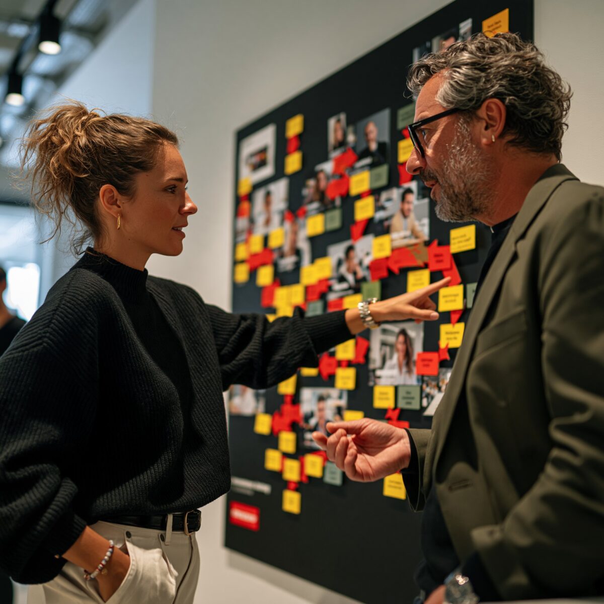 Two team members discussing handovers in front of a wall map of team roles